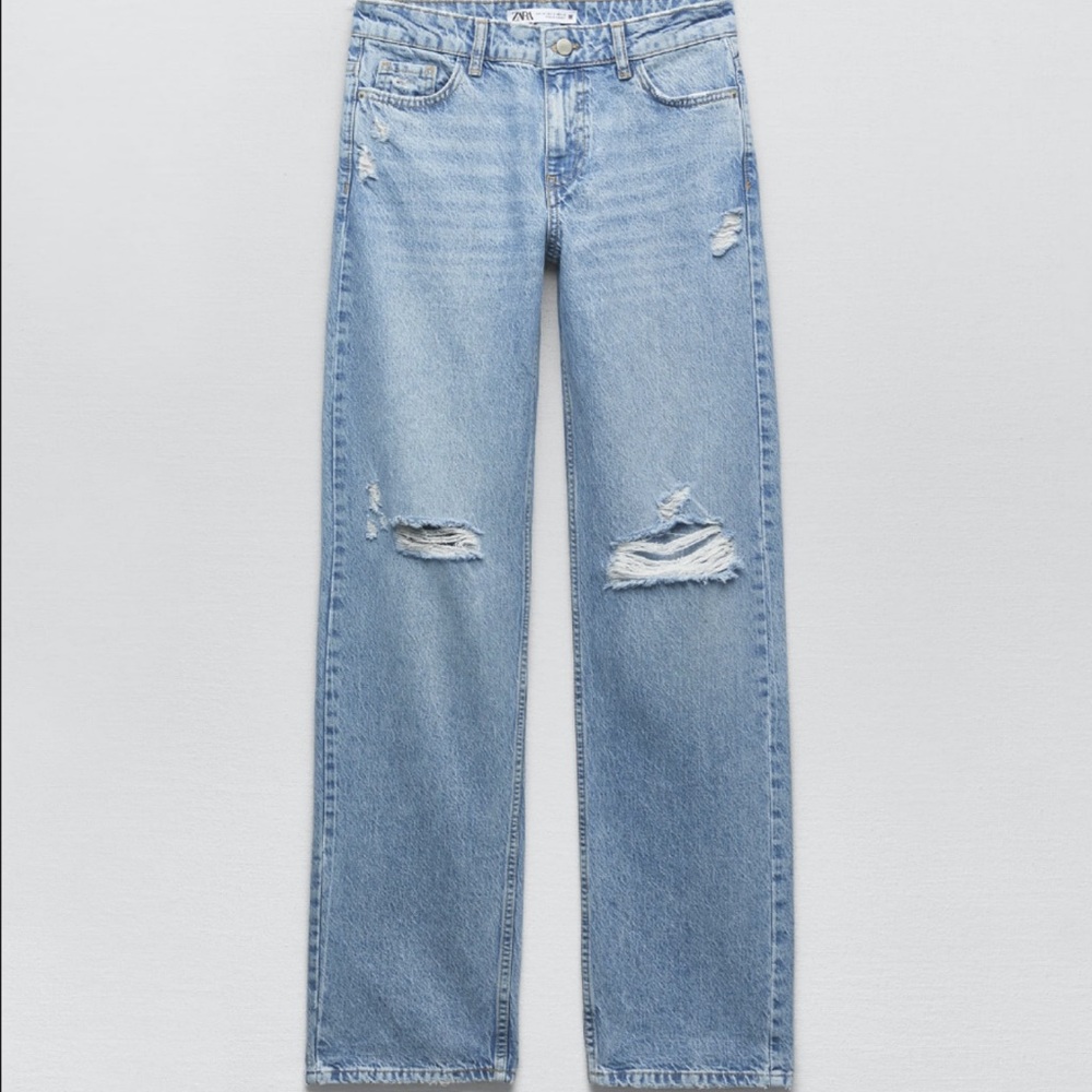 Zara Light-Blue Distressed Straight-Leg Jeans for Women